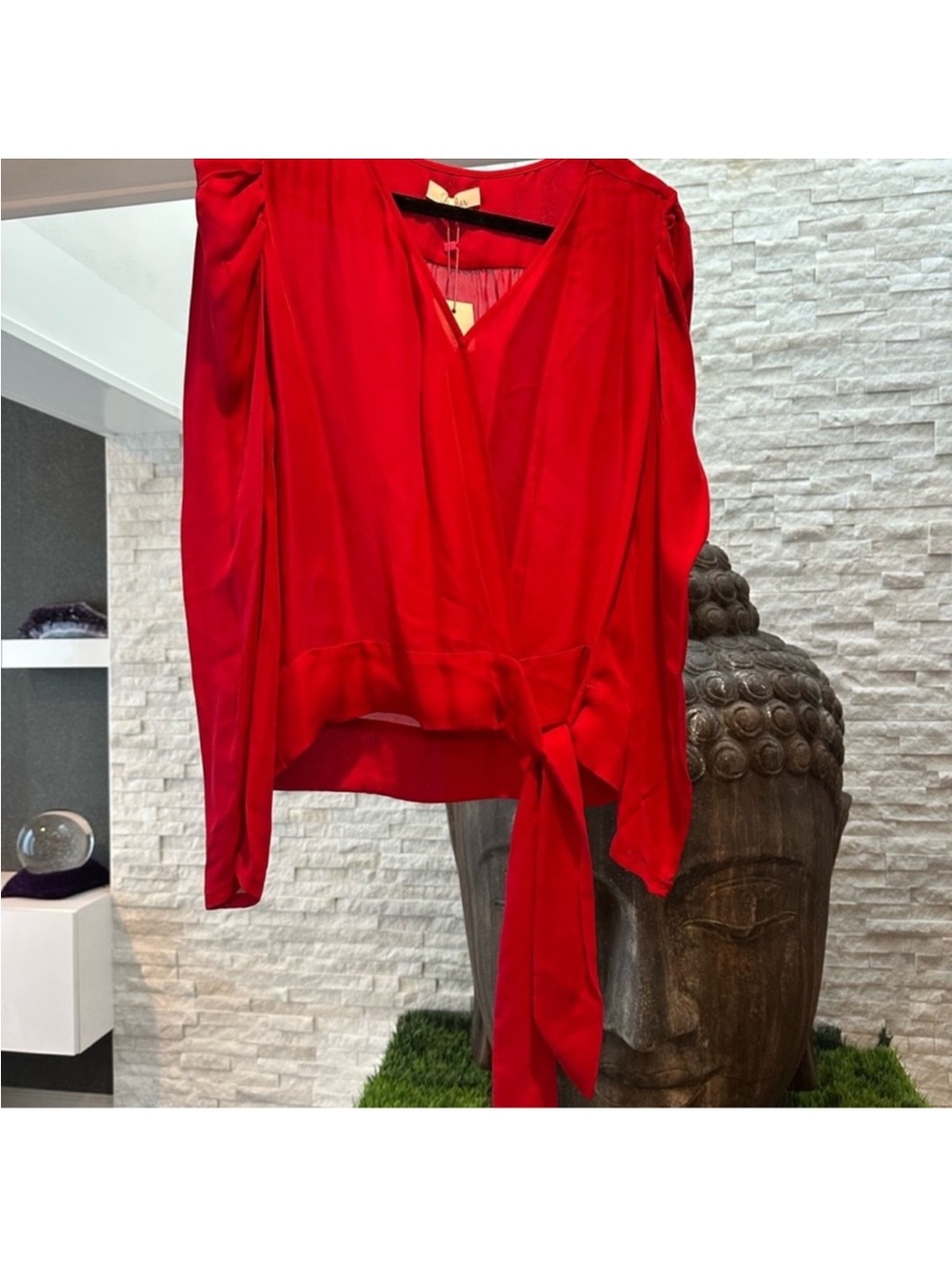 BNWT Parker Arya Puff Sleeve Wrap silk long sleep top ruby red XS - Picture 4 of 10